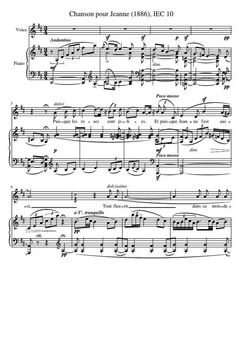 Первая страница нот «Chanson pour Jeanne (1886), IEC 10»