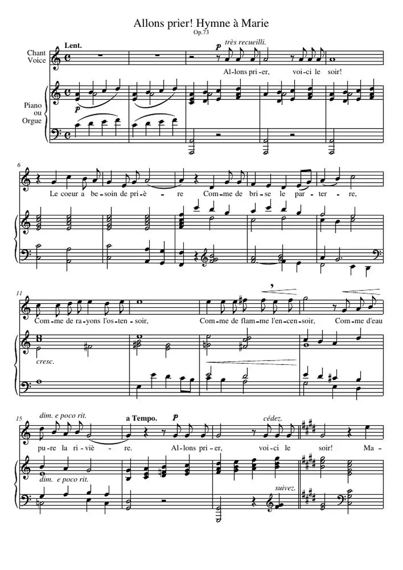 Первая страница нот «Allons prier! Hymne à Marie»