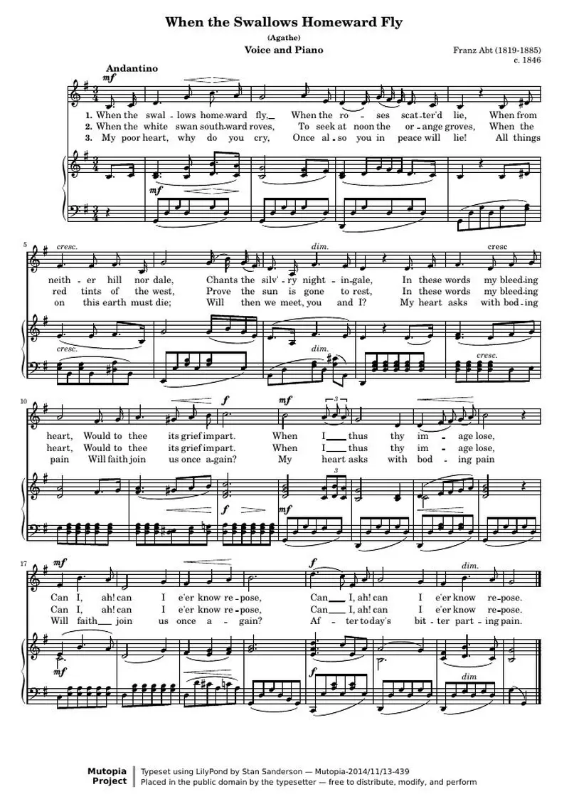 Первая страница нот «When the Swallows Homeward Fly (Agathe)»
