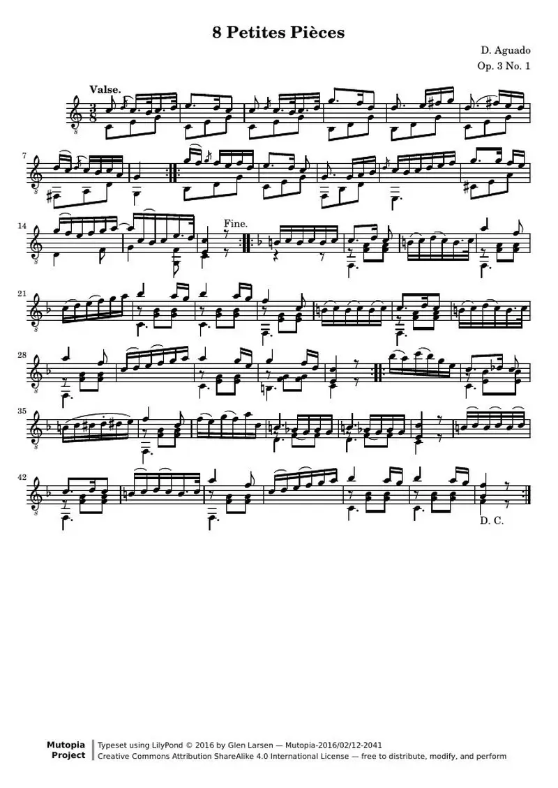 Первая страница нот «8 Petites Pièces for Guitar, № 1»