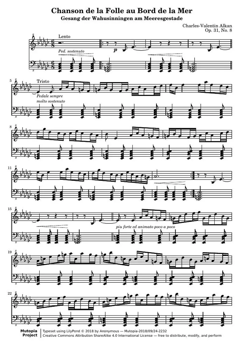 Первая страница нот «Chanson de la Folle au Bord de la Mer (соч. 31, № 8)»