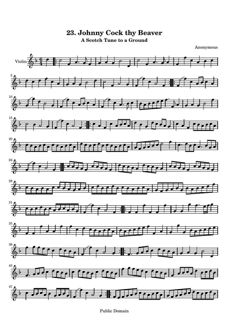 Первая страница нот «23. Johnny Cock thy Beaver: A Scotch Tune to a Ground»