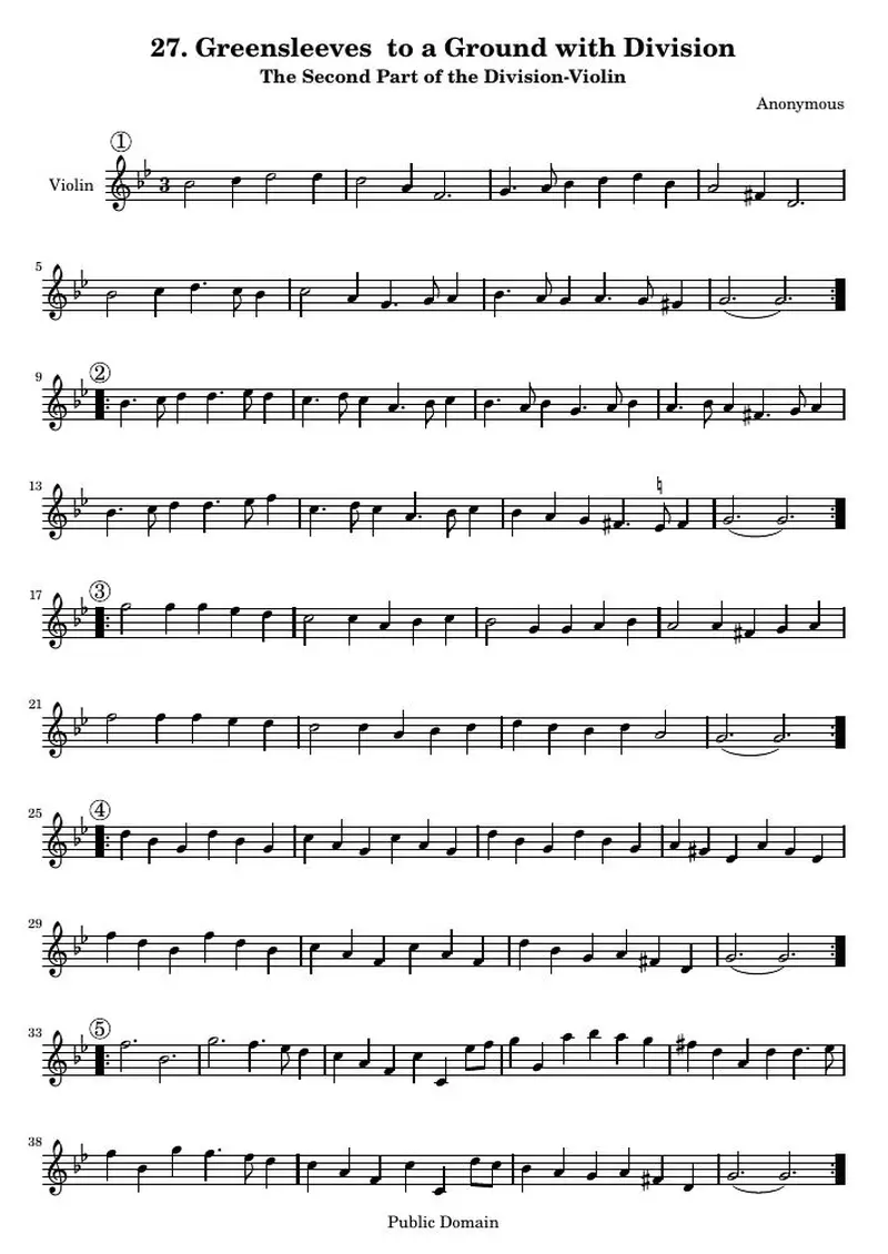 Первая страница нот «27. Greensleeves to a Ground with Division»