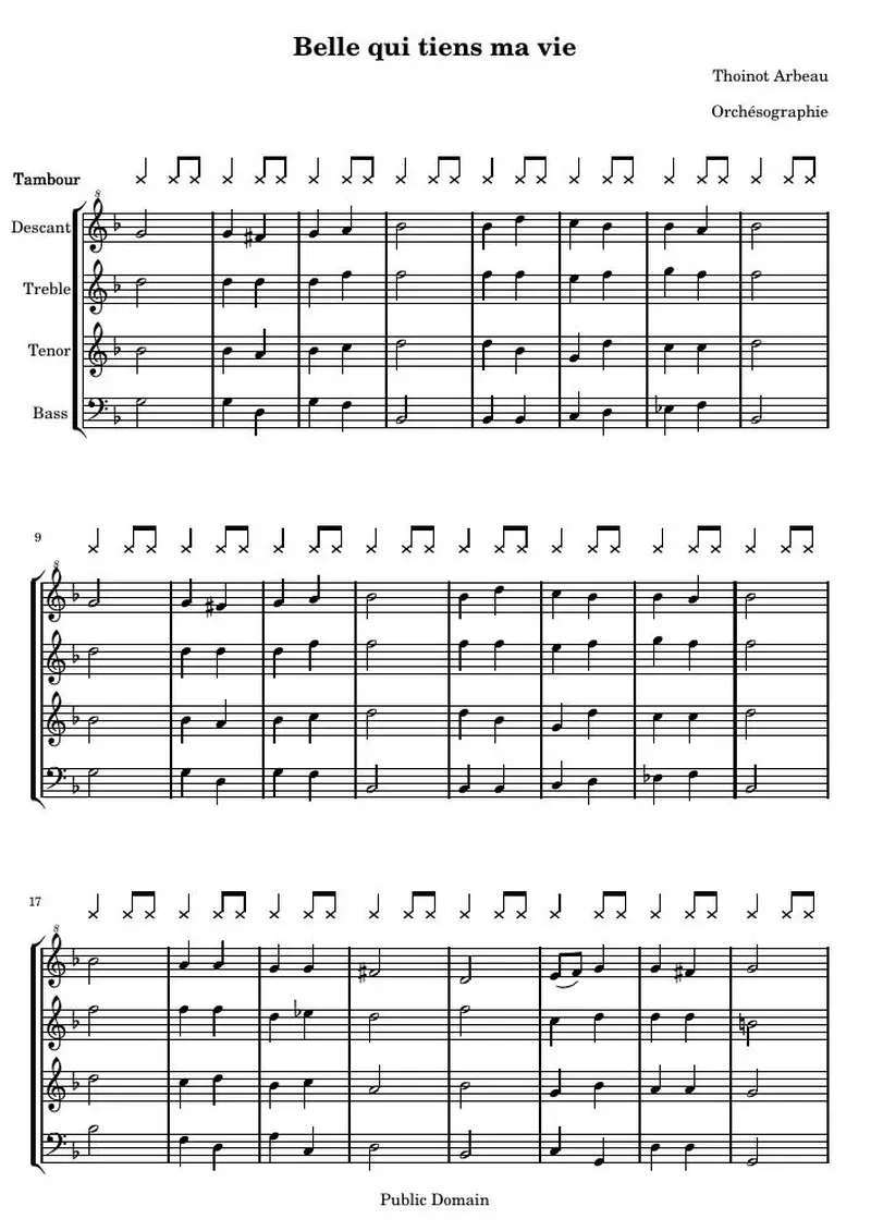 Первая страница нот «Pavan: Belle qui tiens ma Vie (Orchésographie)»