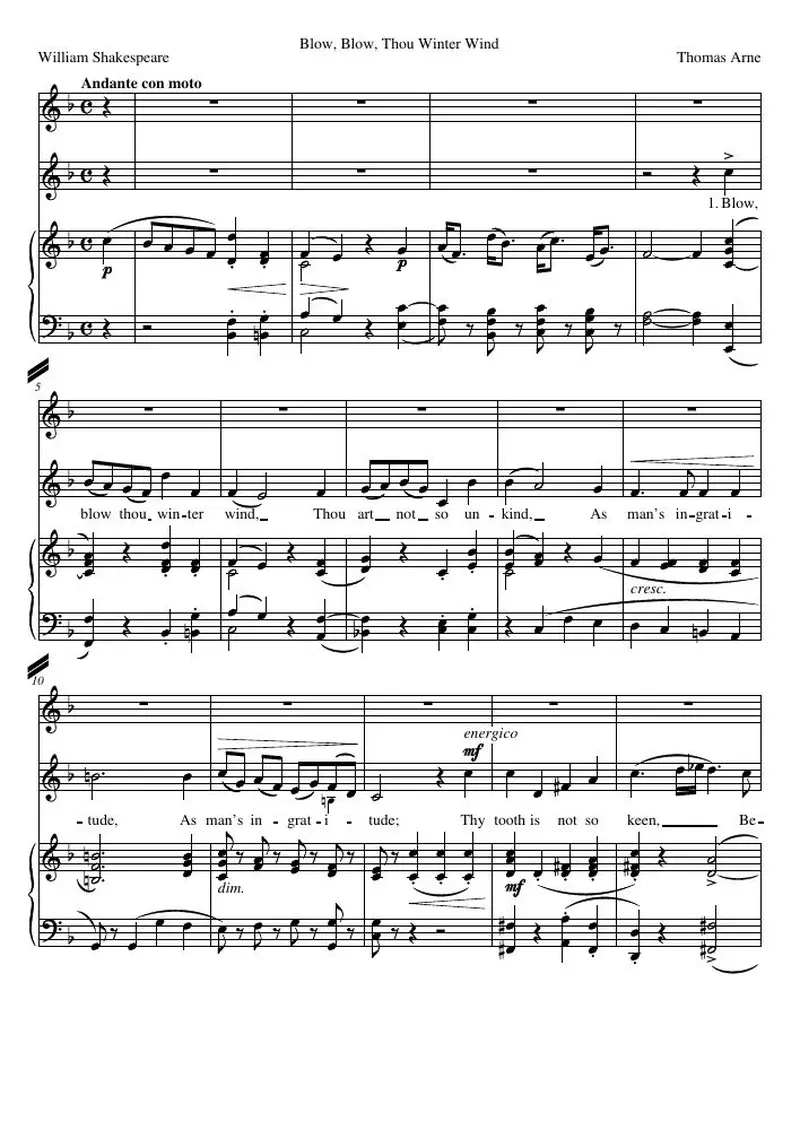 Первая страница нот «Blow, Blow, Thou Winter Wind»
