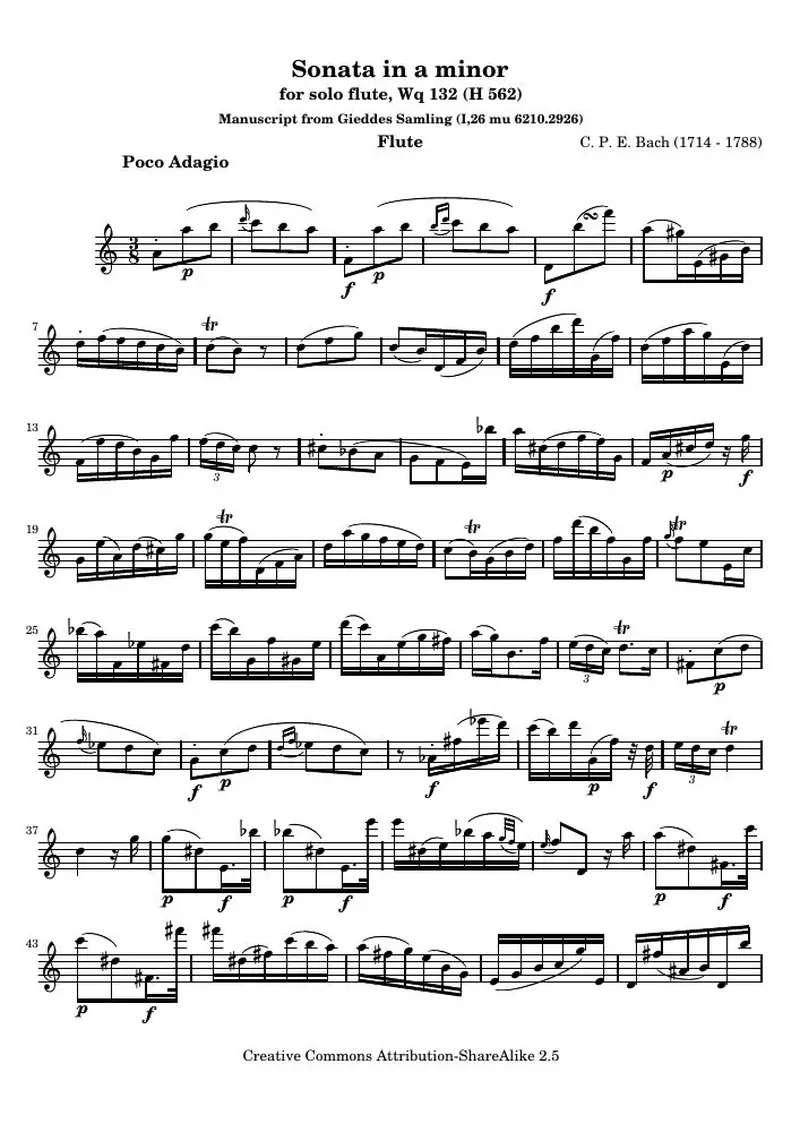 Первая страница нот «Соната a минор for solo flute (Wq 132)»