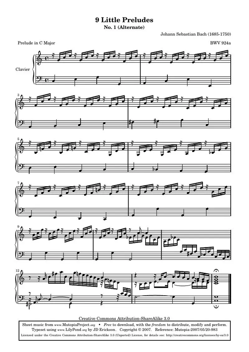 Первая страница нот «9 Маленькая Прелюдияs - 1 - C мажор (Alternate) (BWV 924a)»