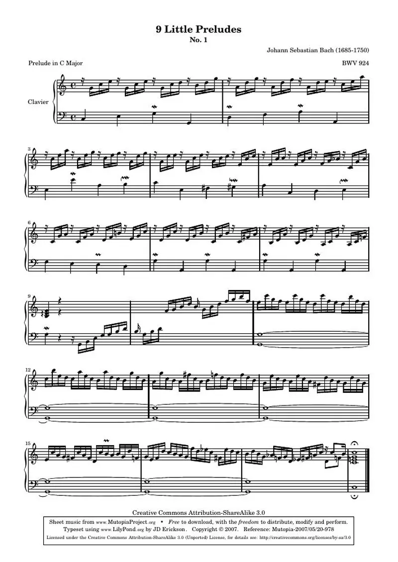 Первая страница нот «9 Маленькая Прелюдияs - 1 - C мажор (BWV 924)»
