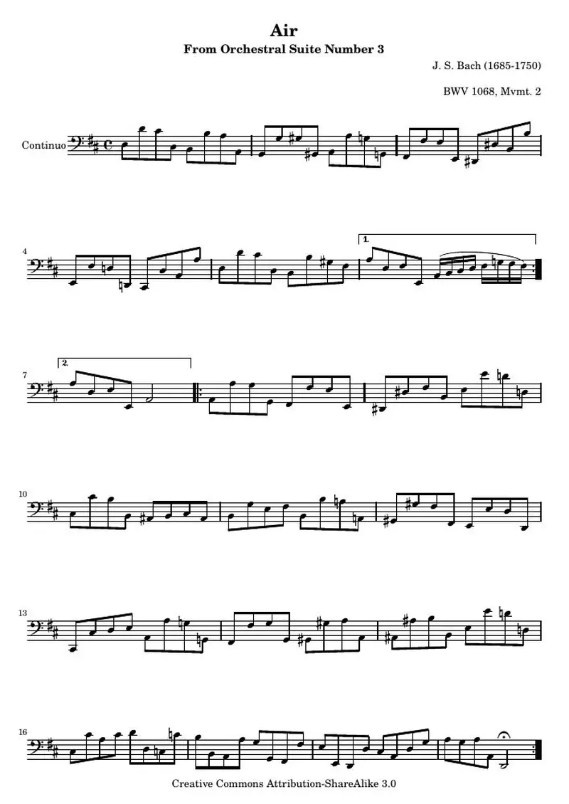 Первая страница нот «Air (BWV 1068, Mvmt. 2) — bach-air-continuo»