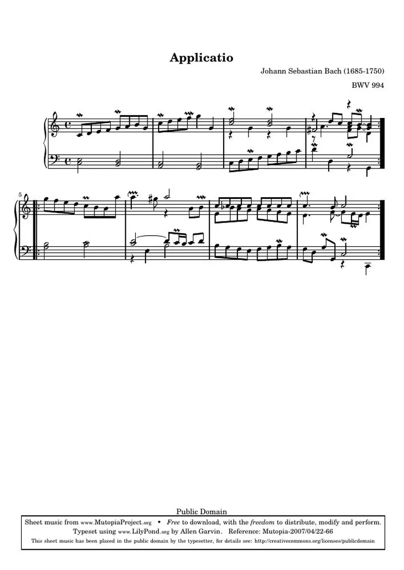 Первая страница нот «Applicatio (BWV 994)»