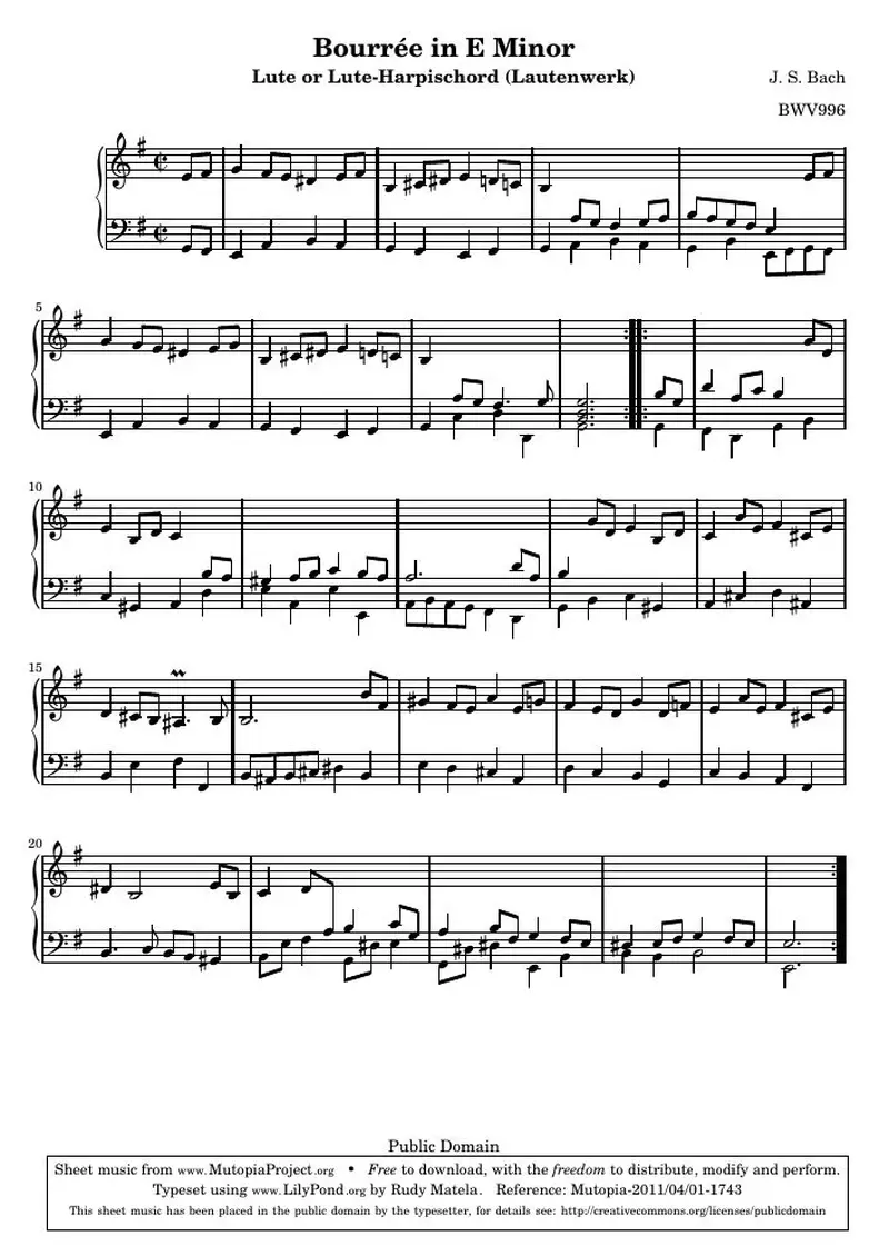 Первая страница нот «Бурре E минор (BWV996)»