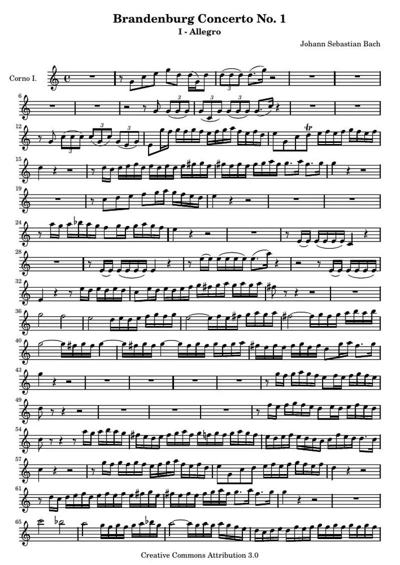 Первая страница нот «Brandenburg Концерт № 1 (First Movement - Allegro) (BWV 1046) — cornoone»