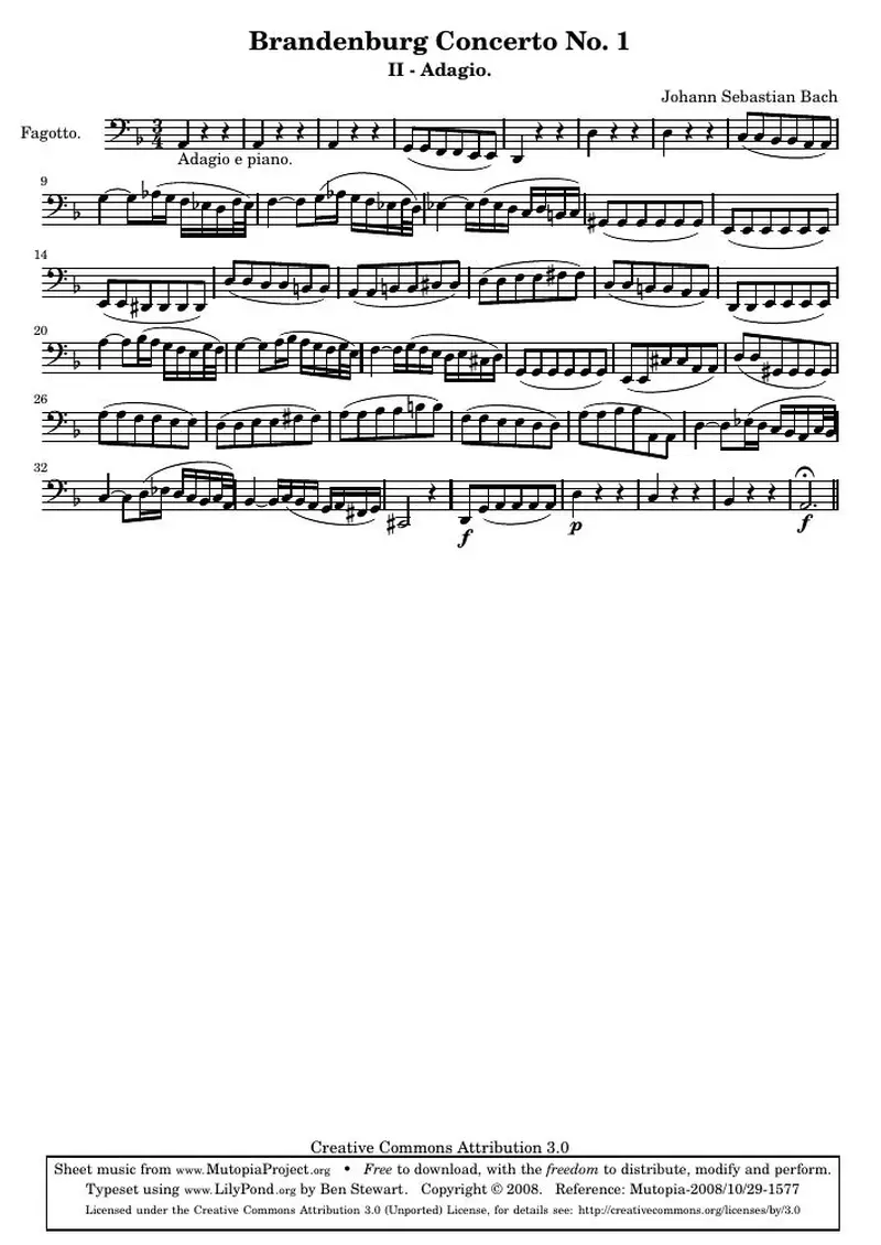 Первая страница нот «Brandenburg Концерт № 1 (Second Movement - Adagio) (BWV 1046) — fagotto»