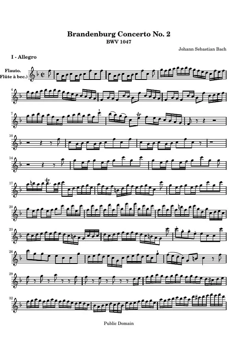 Первая страница нот «Brandenburg Концерт № 2 (BWV 1047) — flute»