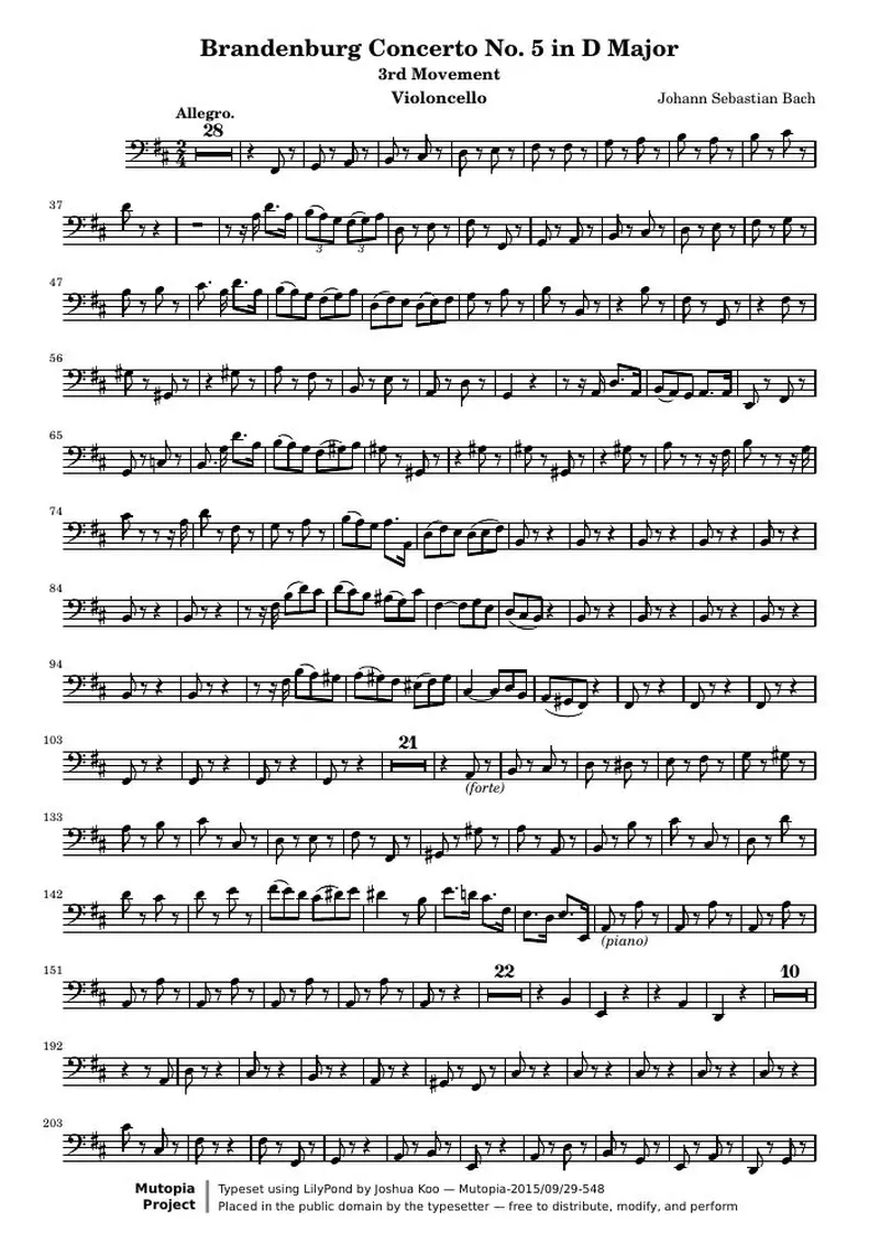 Первая страница нот «Brandenburg Концерт № 5 (3rd Movement: Allegro) (BWV 1050) — cello-score»