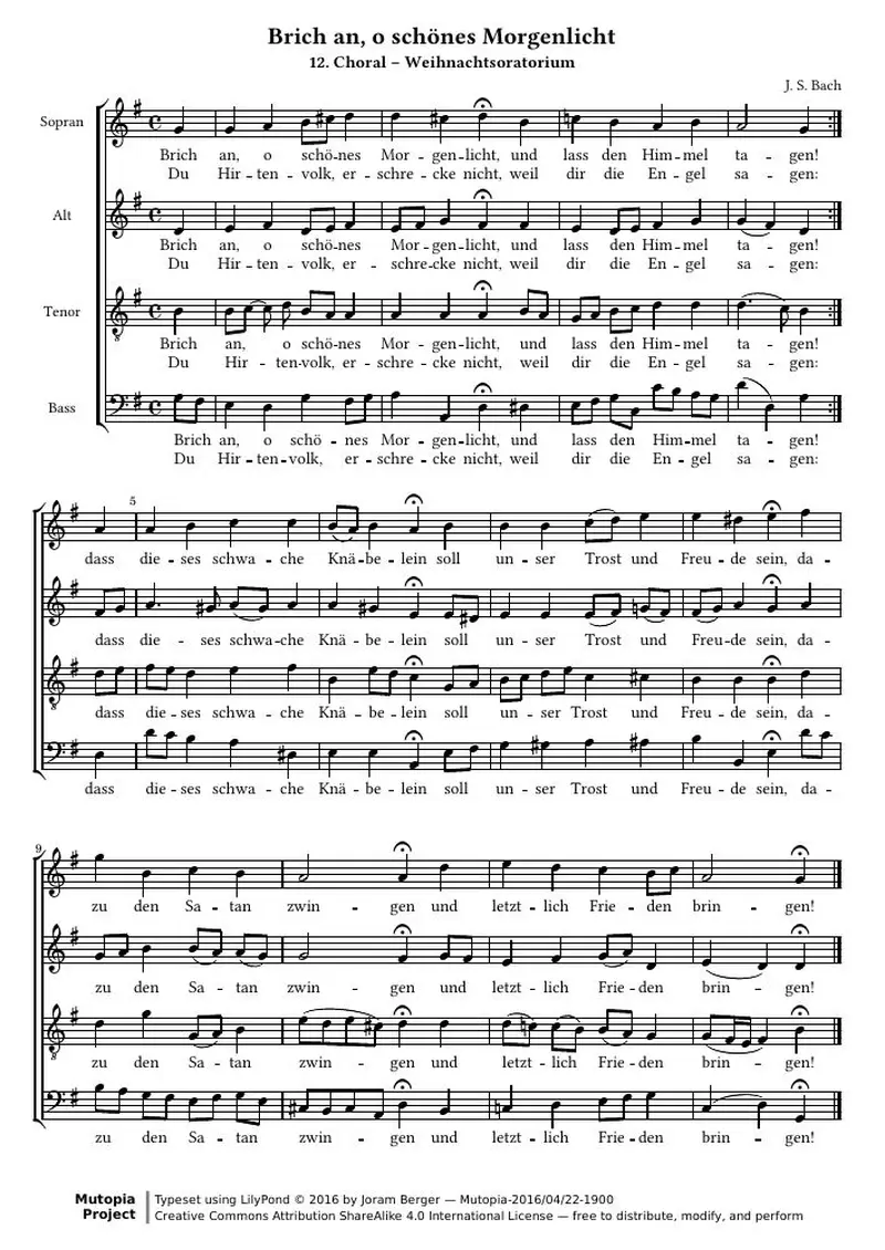 Первая страница нот «Brich an, o schönes Morgenlicht»