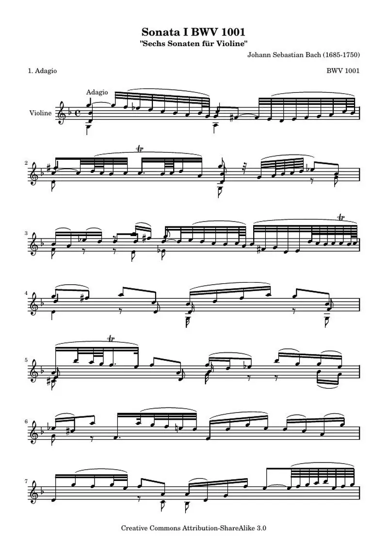 Первая страница нот «BWV 1001 Adagio (BWV 1001)»