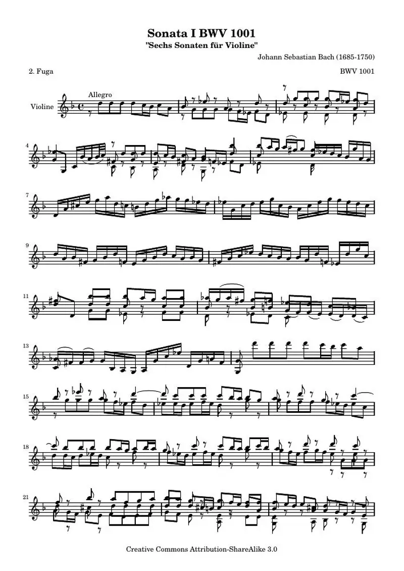 Первая страница нот «BWV 1001 Fuga (BWV 1001)»