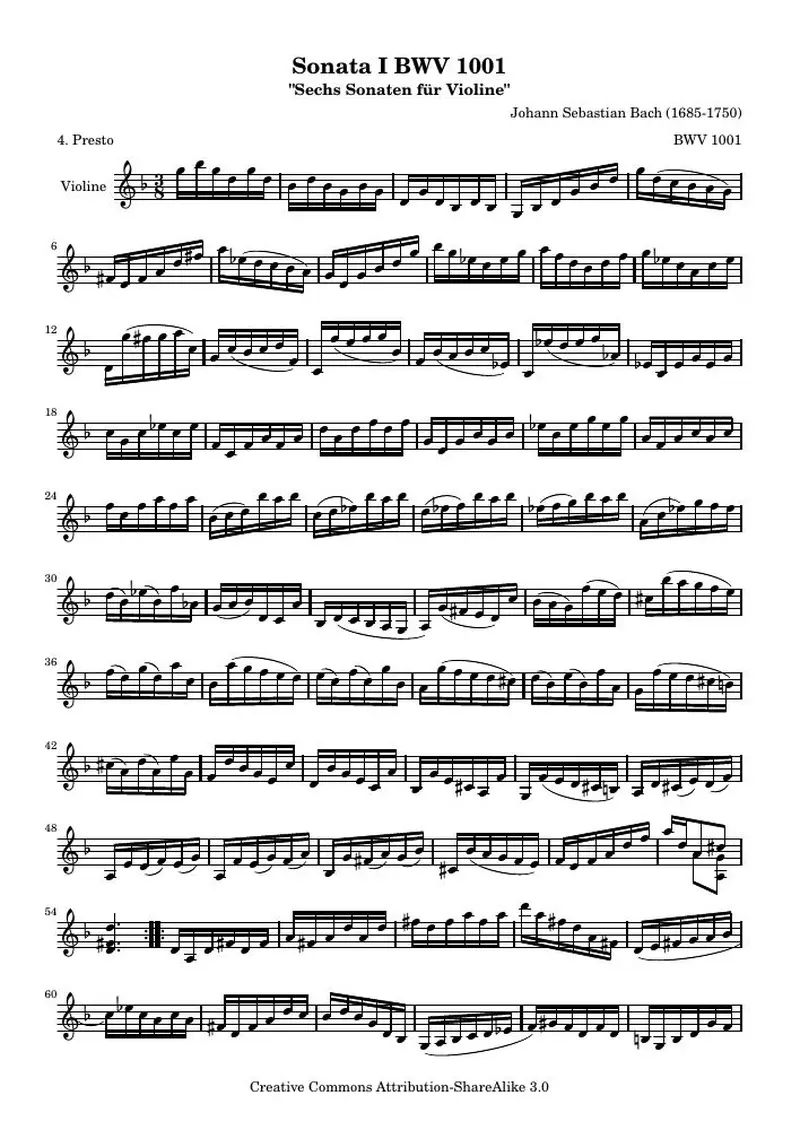 Первая страница нот «BWV 1001 Presto (BWV 1001)»