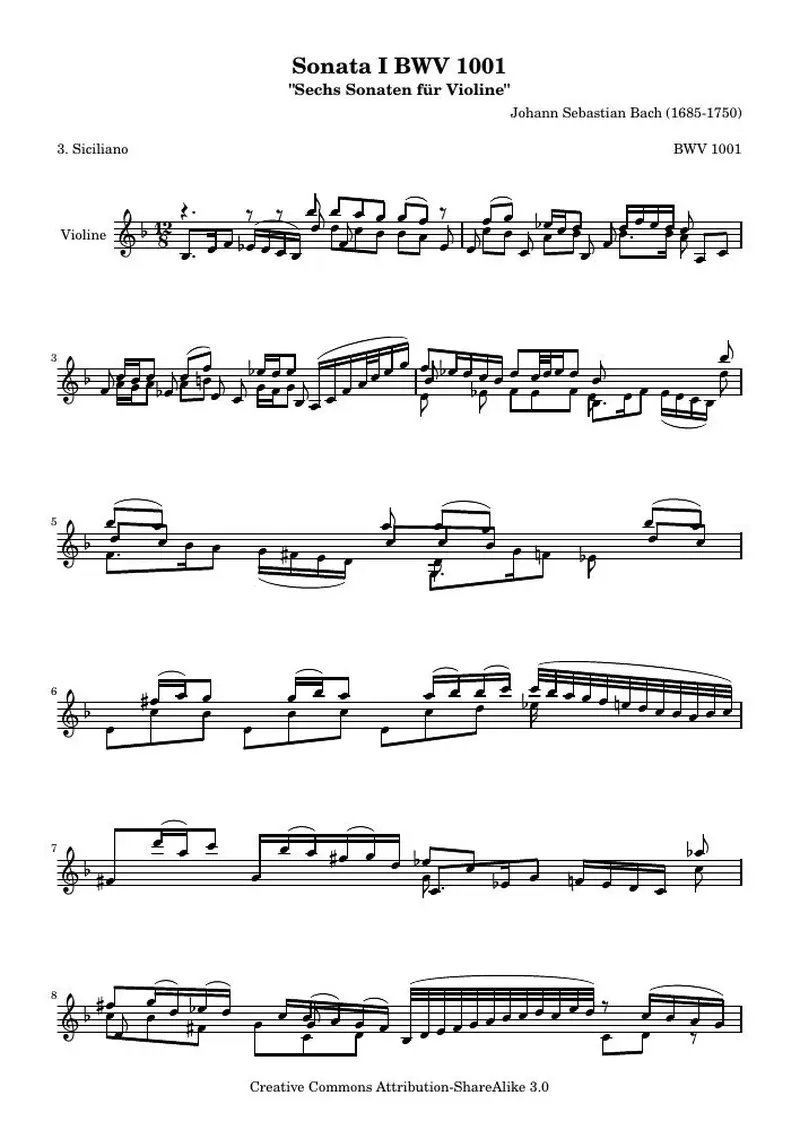 Первая страница нот «BWV 1001 Siciliano (BWV 1001)»