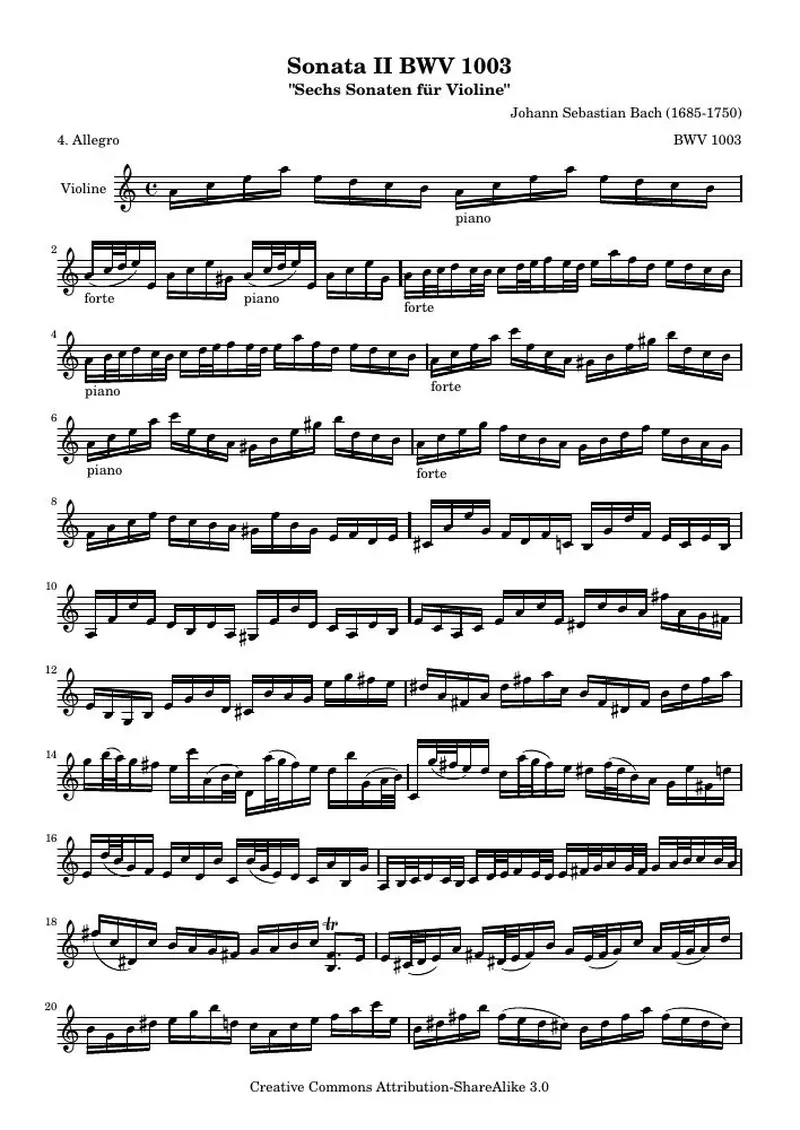 Первая страница нот «BWV 1003 Allegro (BWV 1003)»