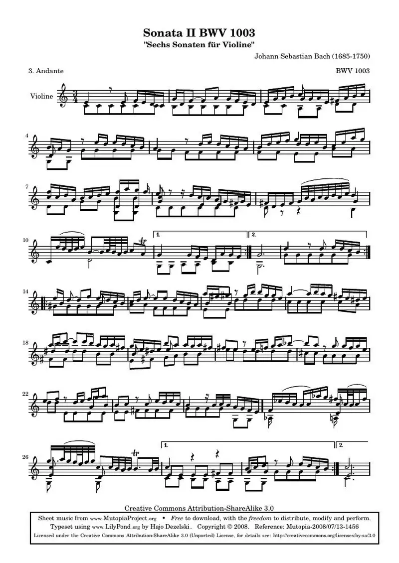 Первая страница нот «BWV 1003 Andante (BWV 1003)»