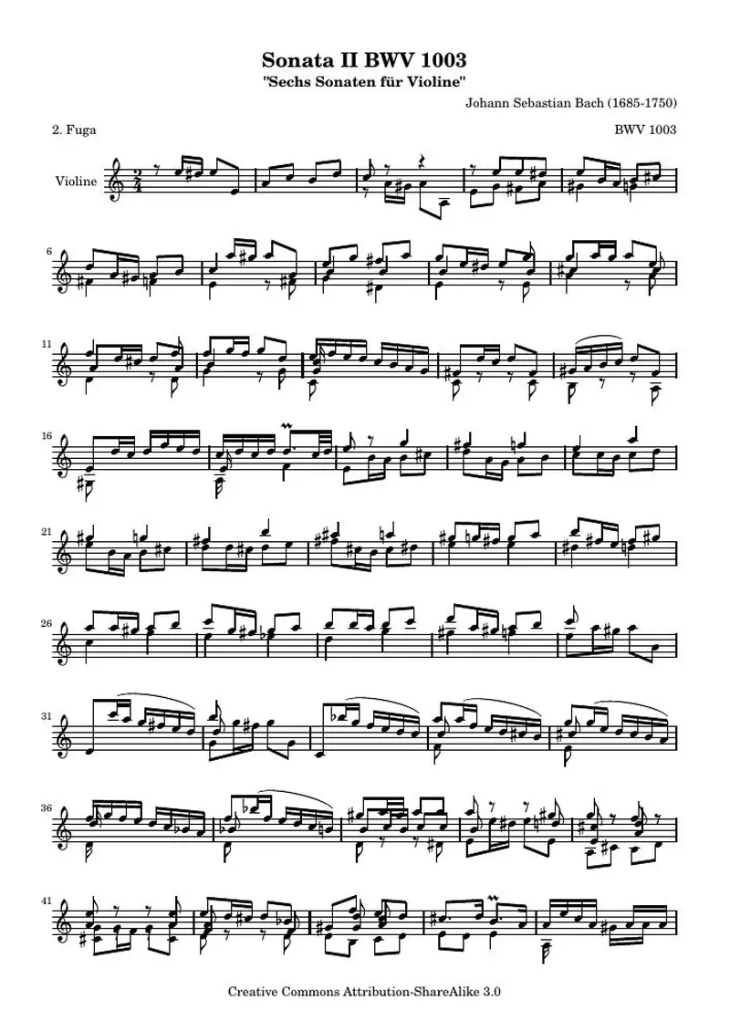 Первая страница нот «BWV 1003 Fuga (BWV 1003)»
