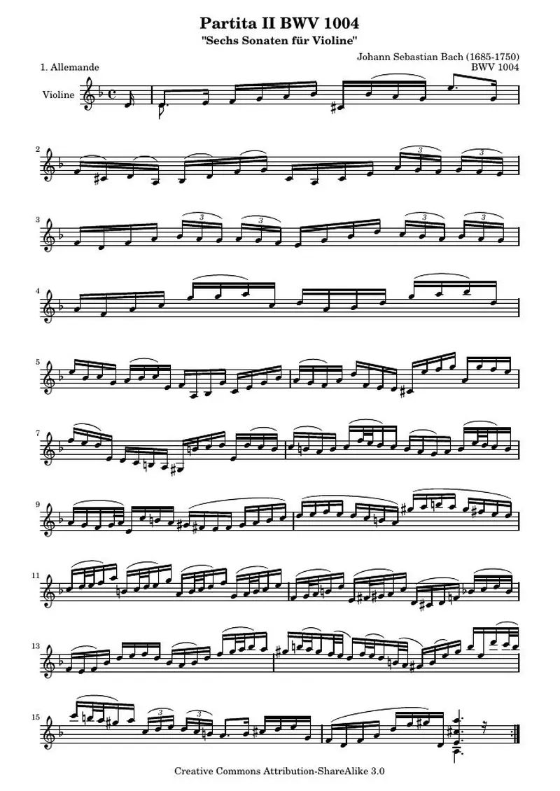 Первая страница нот «BWV 1004 Аллеманда (BWV 1004)»