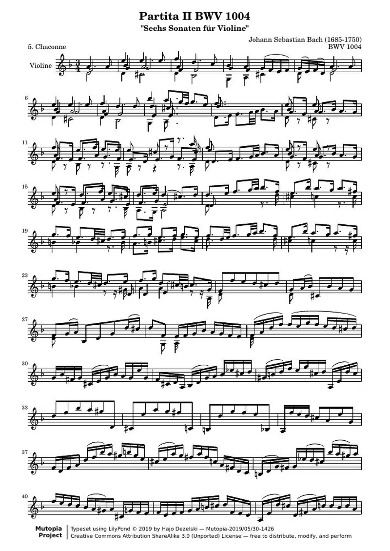 Первая страница нот «BWV 1004 Chaconne (BWV 1004)»
