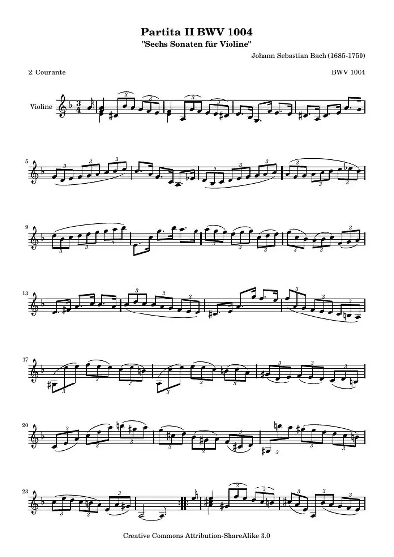 Первая страница нот «BWV 1004 Куранта (BWV 1004)»