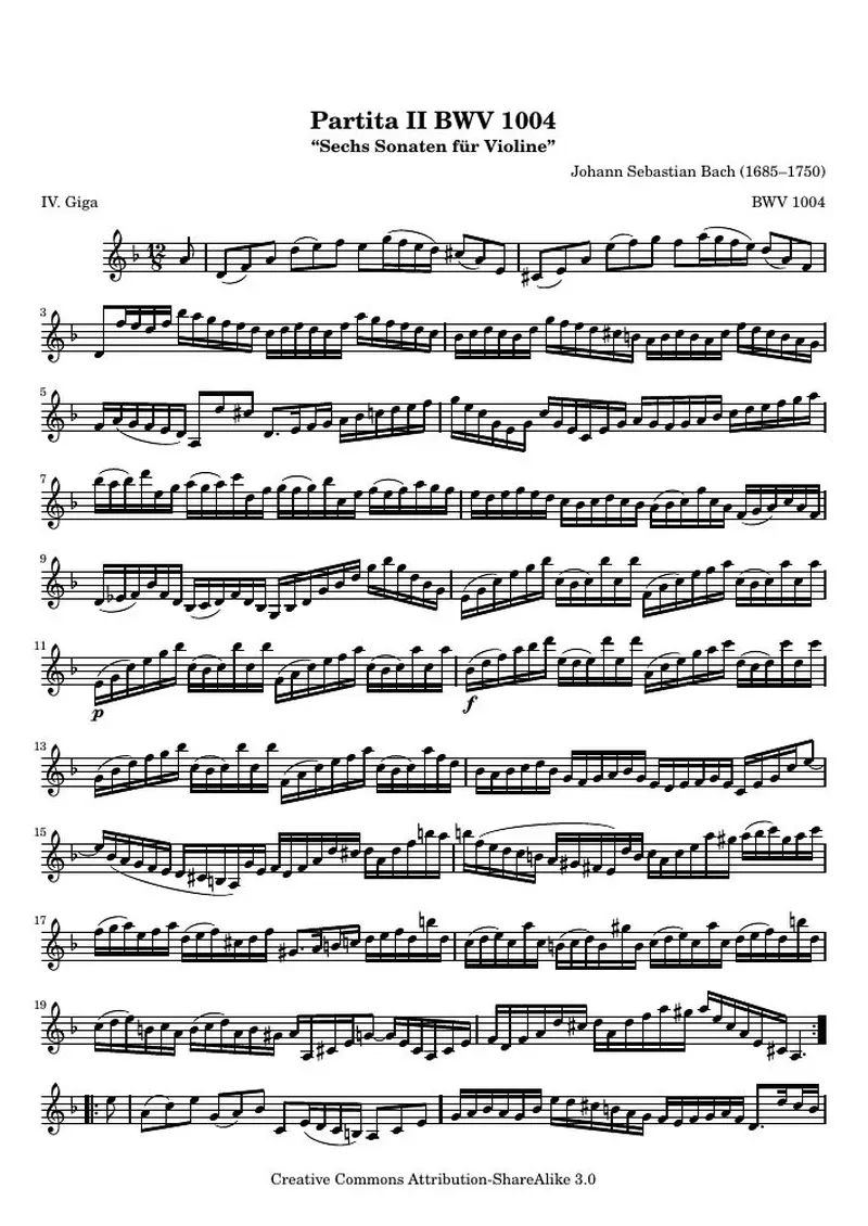 Первая страница нот «BWV 1004 Giga (BWV 1004)»