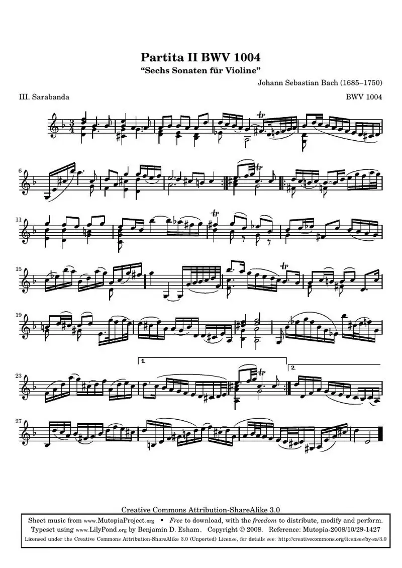 Первая страница нот «BWV 1004 Sarabanda (BWV 1004)»