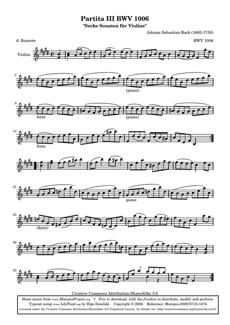 Первая страница нот «BWV 1006 - Бурре (BWV 1006)»