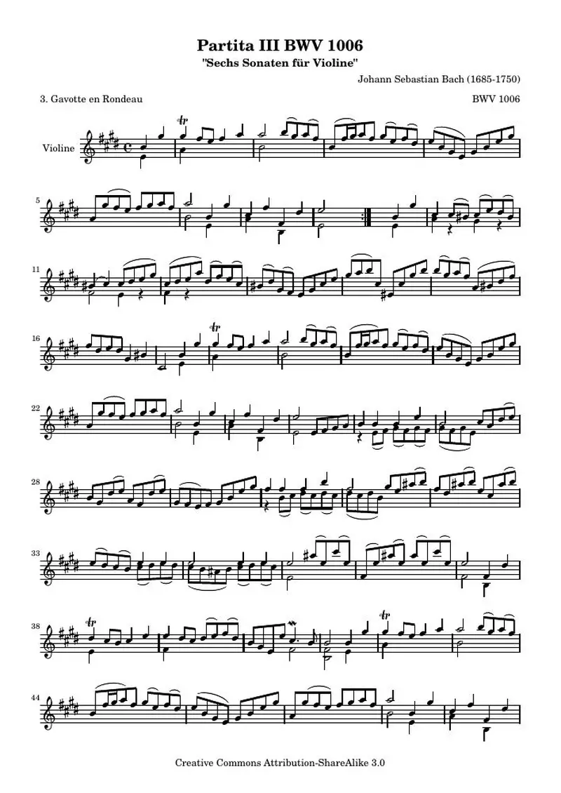 Первая страница нот «BWV 1006 - Гавот en Rondeau (BWV 1006)»