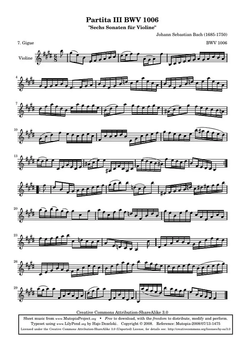 Первая страница нот «BWV 1006 - Жига (BWV 1006)»