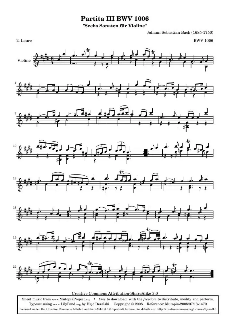Первая страница нот «BWV 1006 - Loure (BWV 1006)»