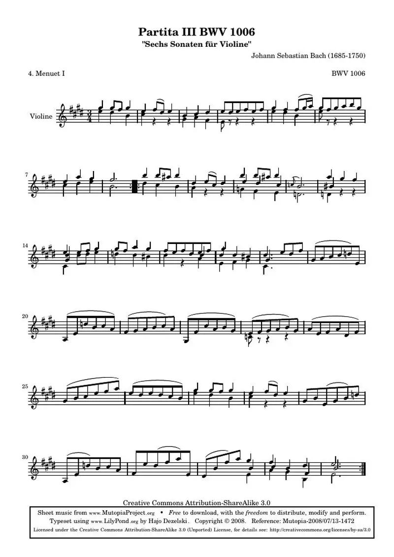 Первая страница нот «BWV 1006 - Менуэт I (BWV 1006)»