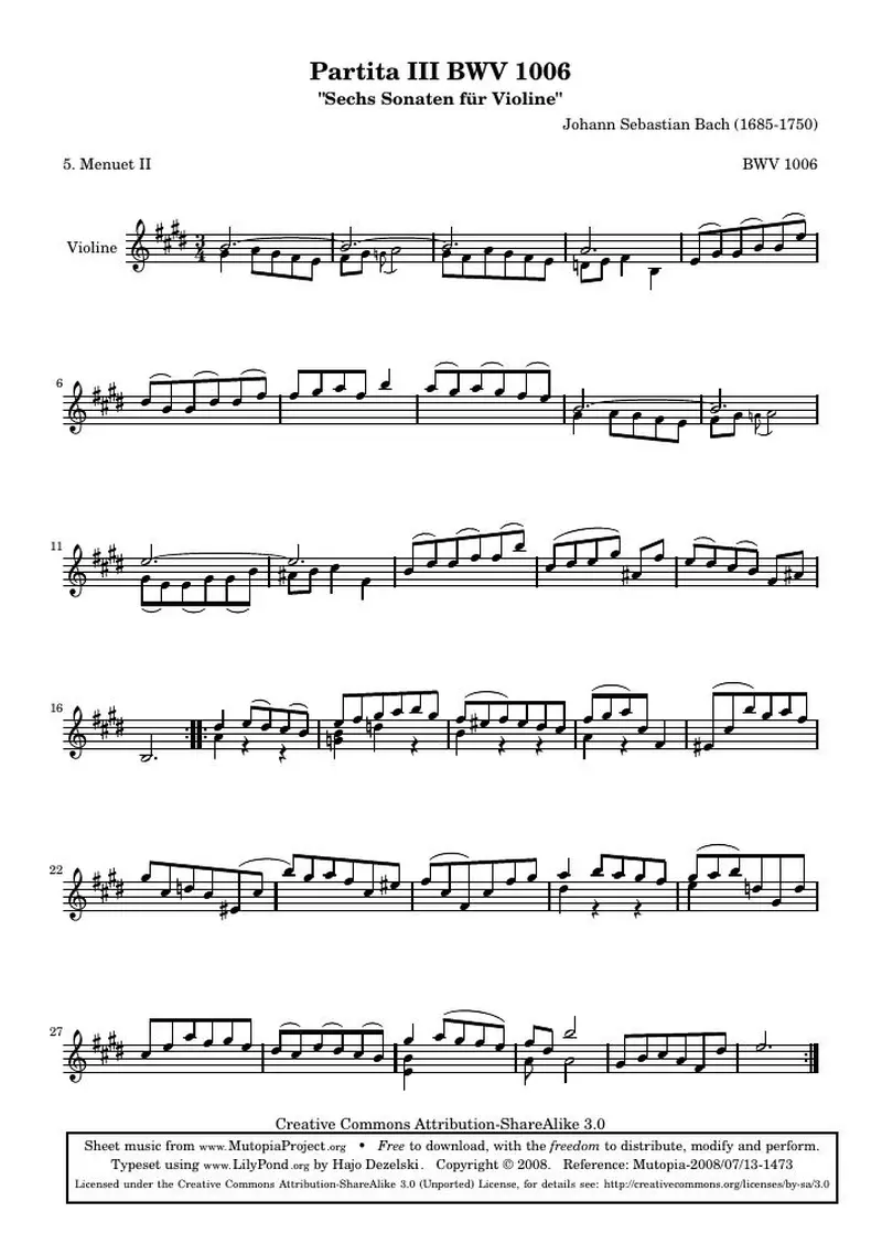 Первая страница нот «BWV 1006 - Менуэт II (BWV 1006)»