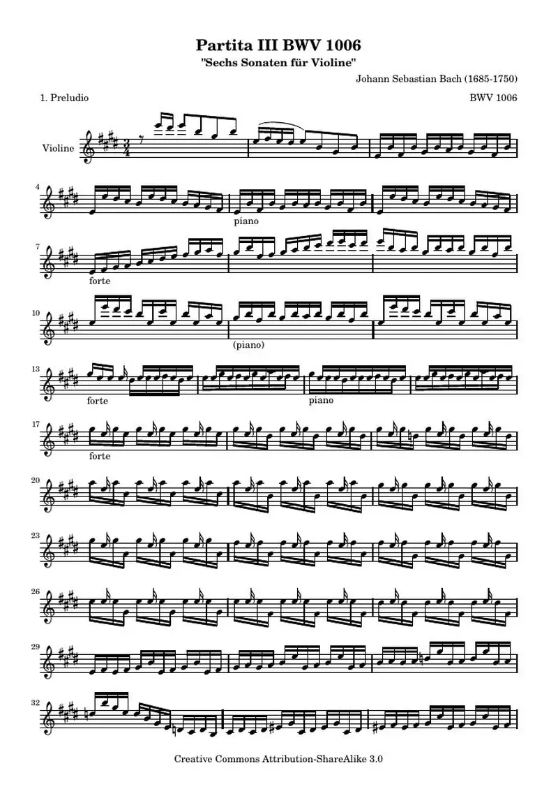 Первая страница нот «BWV 1006 - Preludio (BWV 1006)»