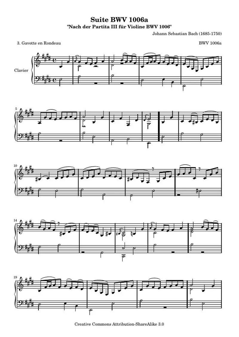 Первая страница нот «BWV 1006a - Гавот en Rondeau (BWV 1006a)»