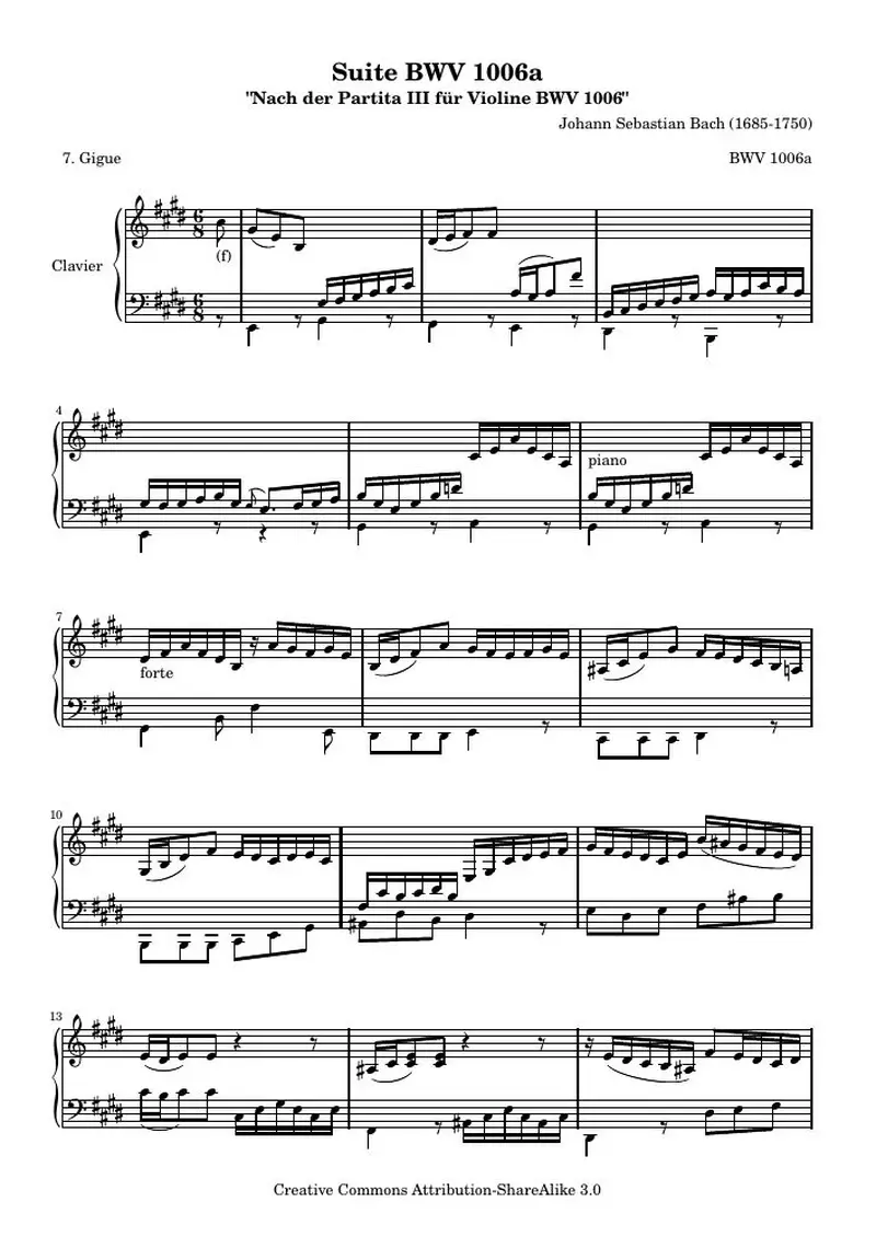 Первая страница нот «BWV 1006a - Жига (BWV 1006a)»