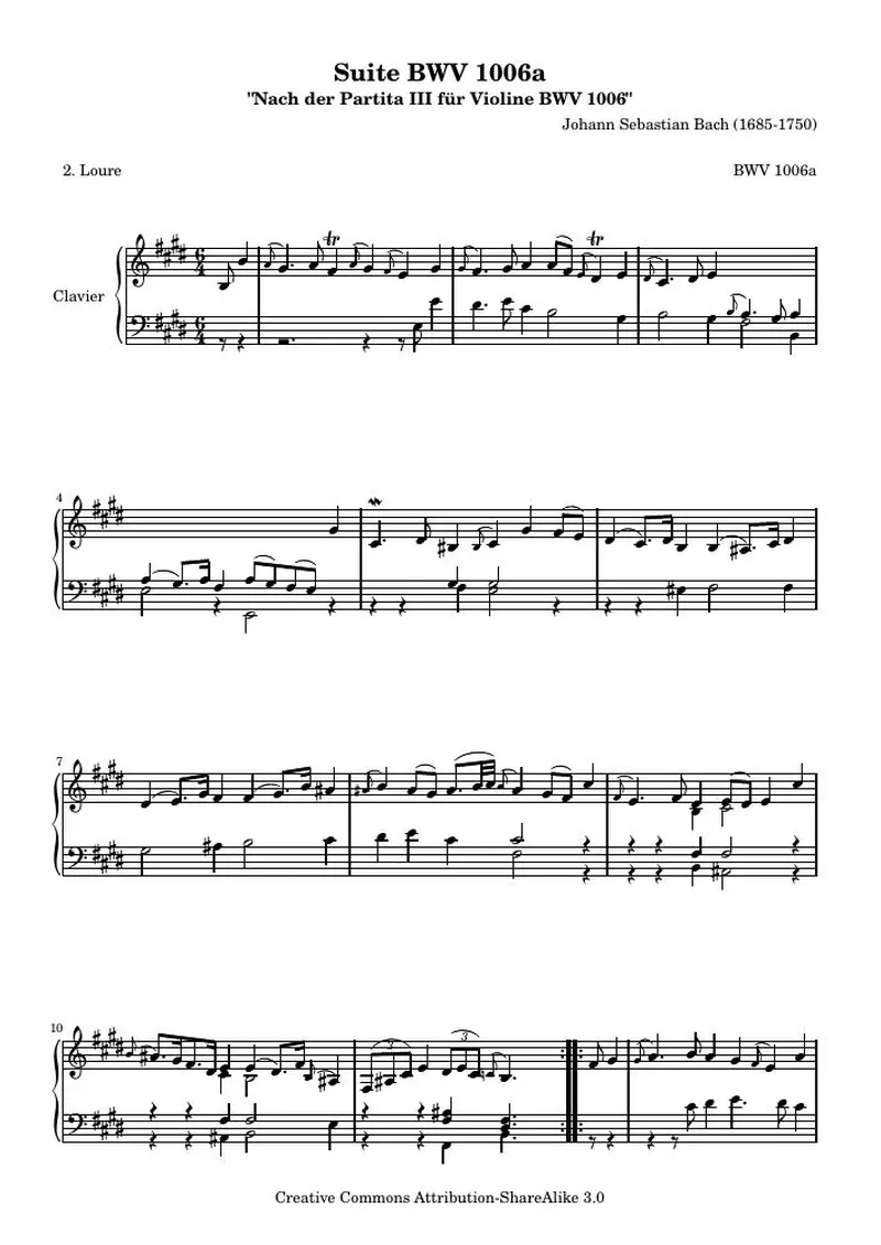 Первая страница нот «BWV 1006a - Loure (BWV 1006a)»