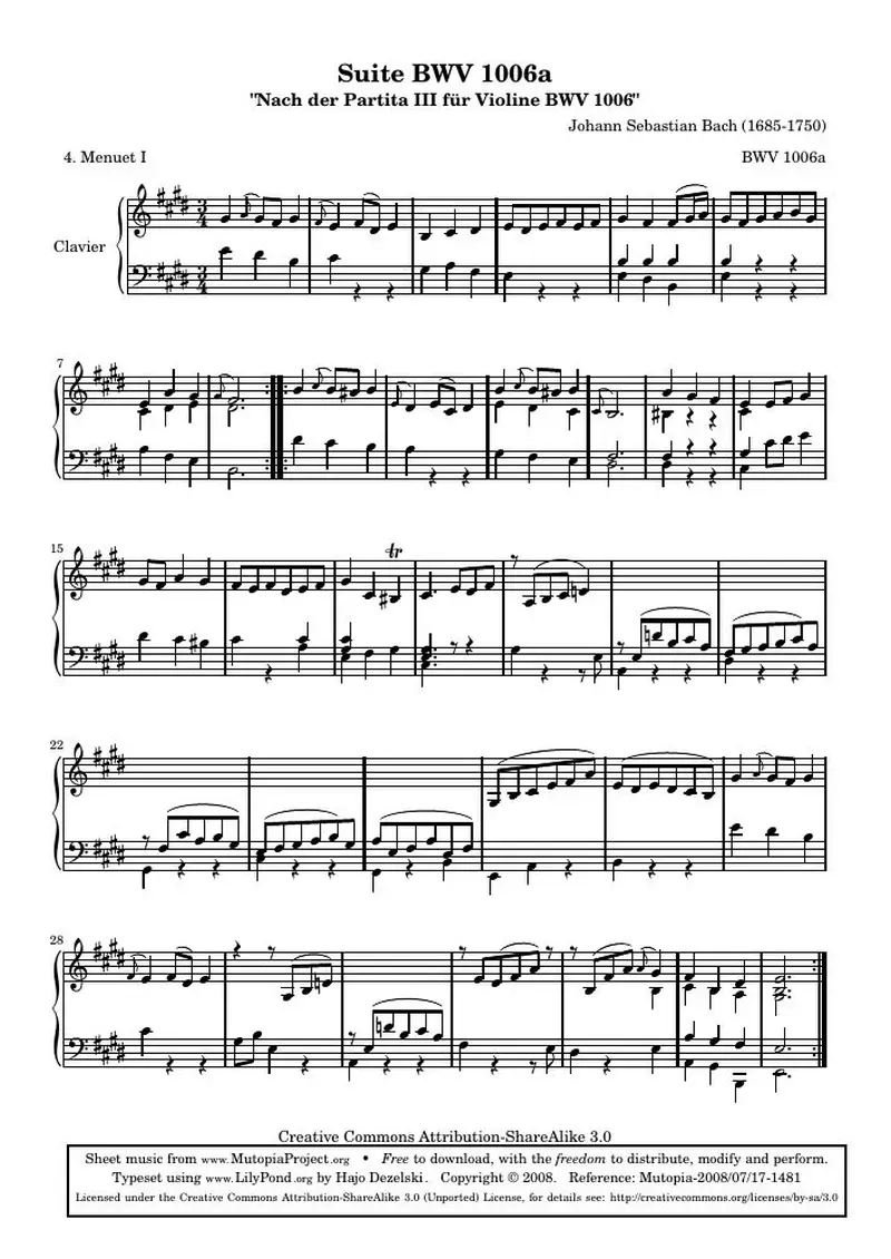 Первая страница нот «BWV 1006a - Менуэт I (BWV 1006a)»