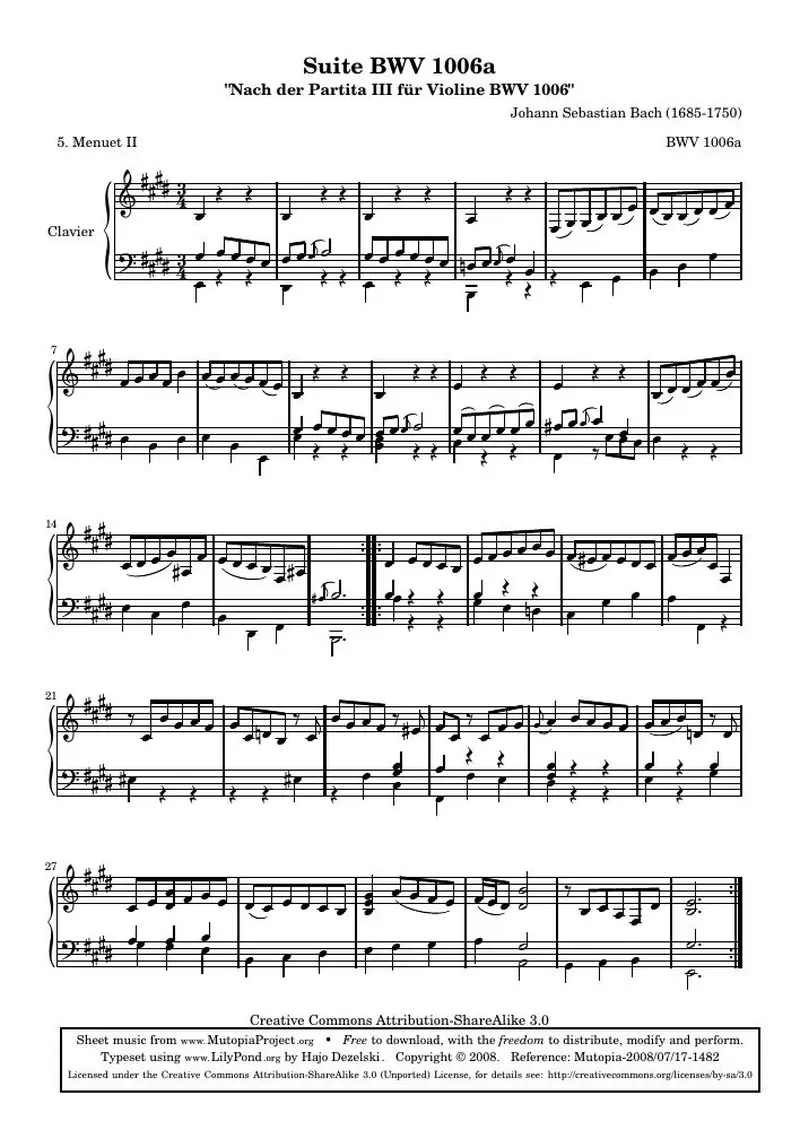 Первая страница нот «BWV 1006a - Менуэт II (BWV 1006a)»