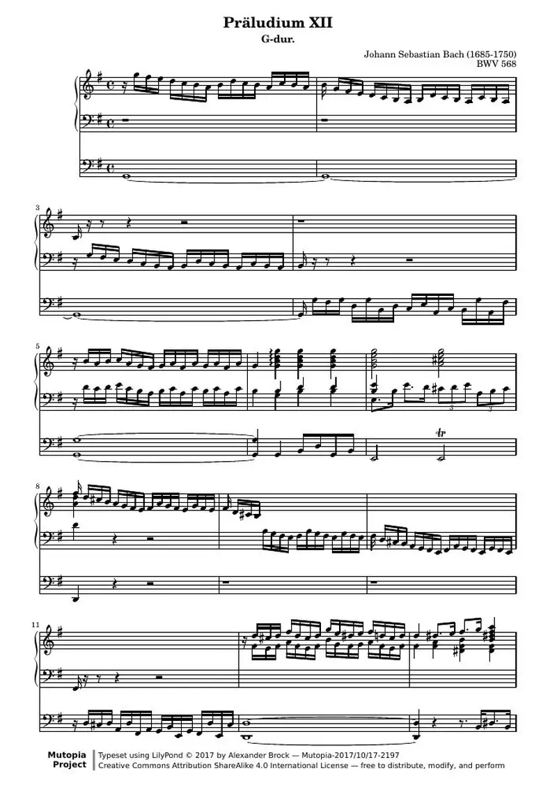 Первая страница нот «Прелюдия G major, BWV 568»