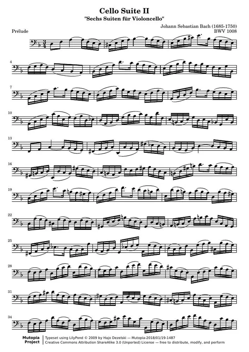 Первая страница нот «Cello Сюита II - BWV 1008 (BWV 1008)»