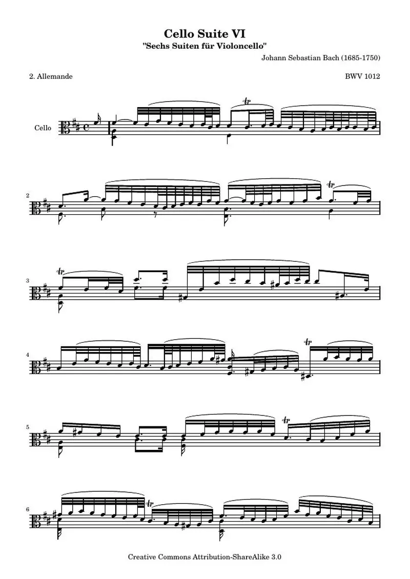 Первая страница нот «Cello Сюита VI - BWV 1012 - Аллеманда (BWV 1012)»