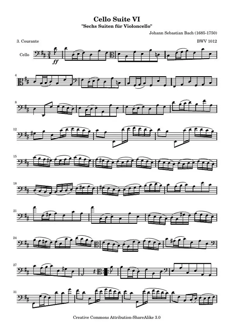 Первая страница нот «Cello Сюита VI - BWV 1012 - Куранта (BWV 1012)»