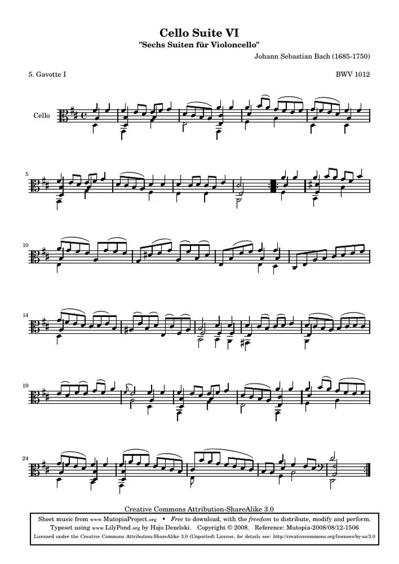 Первая страница нот «Cello Сюита VI - BWV 1012 - Гавот I (BWV 1012)»