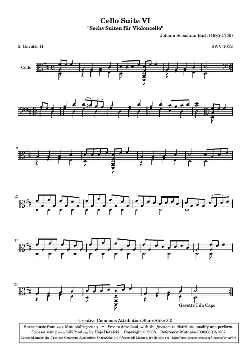 Первая страница нот «Cello Сюита VI - BWV 1012 - Гавот II (BWV 1012)»